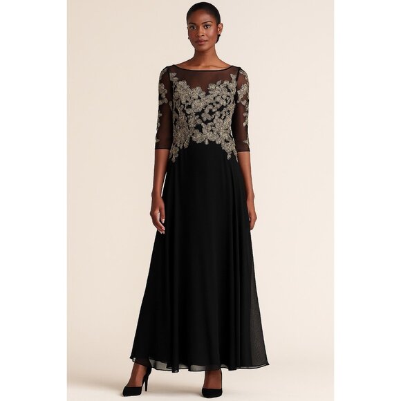 Betsy & Adam Size 14 Black Gold Floral-Embroidered Mesh 3/4-Sleeve Gown Dress - Picture 1 of 9